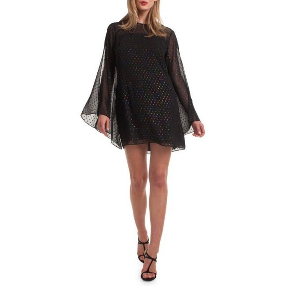 Trina Turk XL Black Rainbow Clip Dot Polkadot Tunic Top Sheer Slit Bell Sleeve - Picture 1 of 15